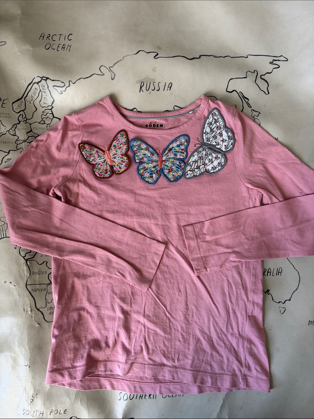 Mini Boden Pink Long-Sleeve Top with Colorful Butterfly Appliquรฉs